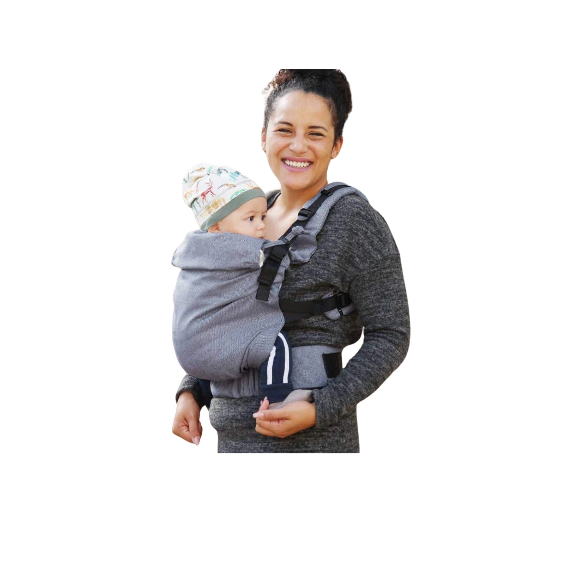 Smiling mother wearing a buckle carrier, showcasing its ergonomic design and secure buckles for comfortable baby carrier