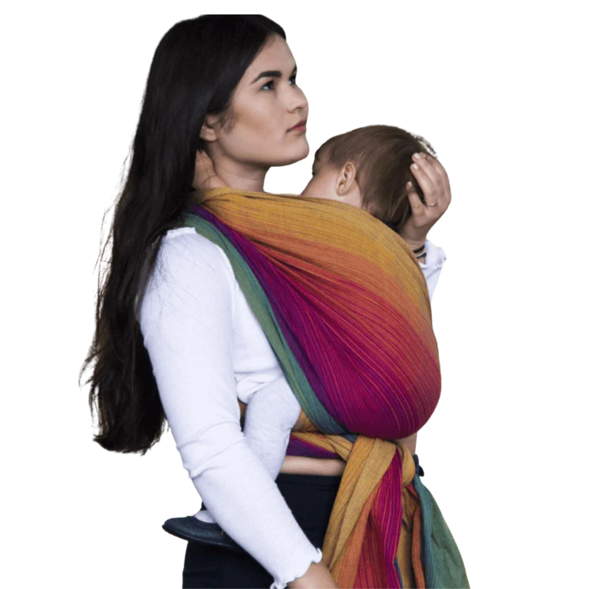 Image of a woman wearing her baby in a comfortable and secure woven wrap. The woman is confidently supporting the baby against her chest, creating a heartwarming moment of connection.